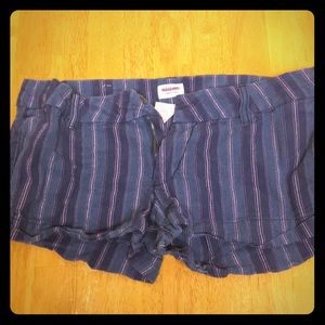 Blue and purple striped denim shorts